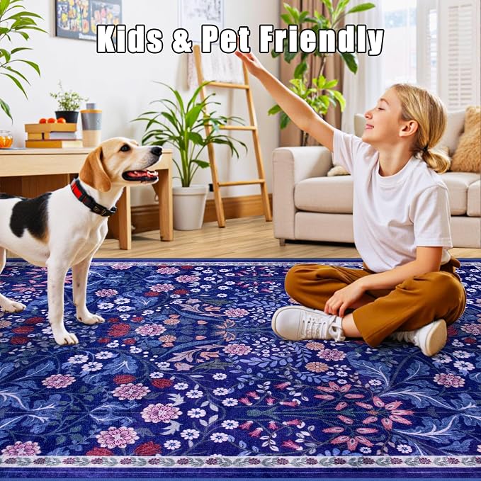 PLHXFR 8x10 Area Rug Living Room: Floral Washable Boho Soft Carpet Blue | - Image 7