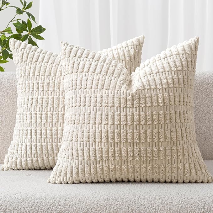 MIULEE Corduroy Decorative Throw Pillow Covers 12x12 Cream White Pack of 2 | by MIULEE