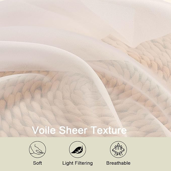 Cream Sheer Curtains 63 Inch Length 2 Panels Set - Image 3