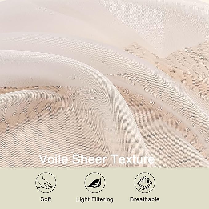 Cream Sheer Curtains for Bedroom Living Room 54 Inch Length 2 Panels Set - Image 3