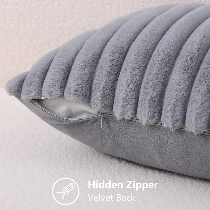 decorUhome Fall Faux Fur Throw Pillow Covers 24x24 Set of 2 Grey | Decorative - Image 3