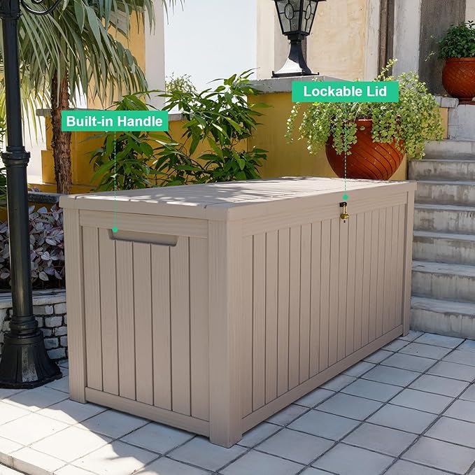 180 Gallon Resin Deck Box, Lockable Patio Outdoor Storage Box for Furniture, Garden Tools and Tools Storage, Waterproof Outside Storage Boxes - Grey