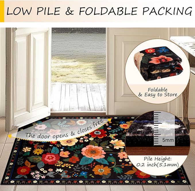RELEANY Floral Washable Square 5ft Area Rug Black | Flower Carpet Print Boho - Image 5