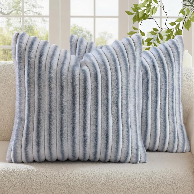decorUhome Fall Faux Fur Throw Pillow Covers 18x18 Set of 2 Grey White | by decorUhome