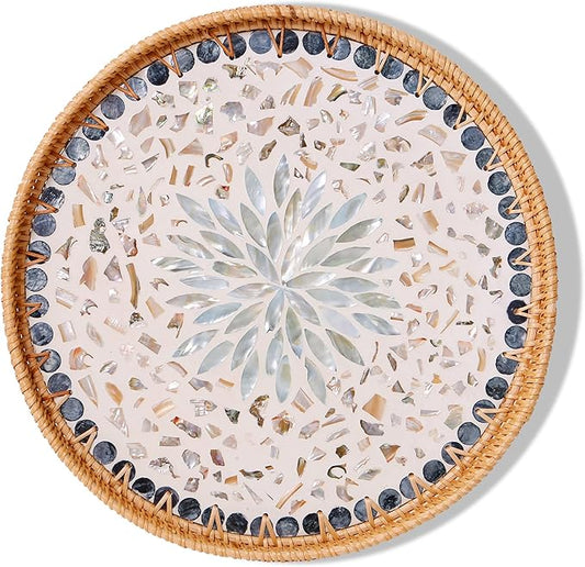 Round Rattan Tray with Mother of Pearl Inlay & Wooden Base - Decorative Wicker Serving Tray for Coffee/Bread/Fruits, Food Storage & Display - Multipurpose Home Decor (M,Fish Scales)