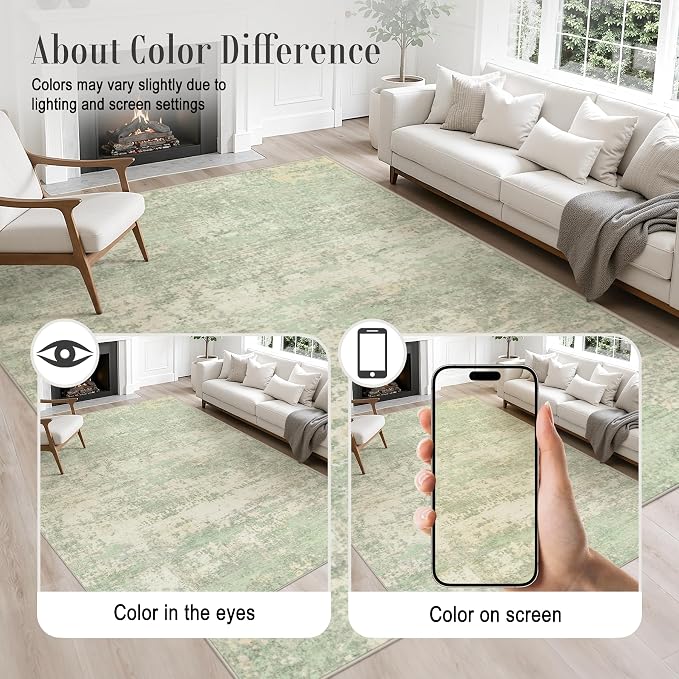 3x8 Washable Runner Rug：Modern Abstract Soft Carpet Green Cream | - Image 4