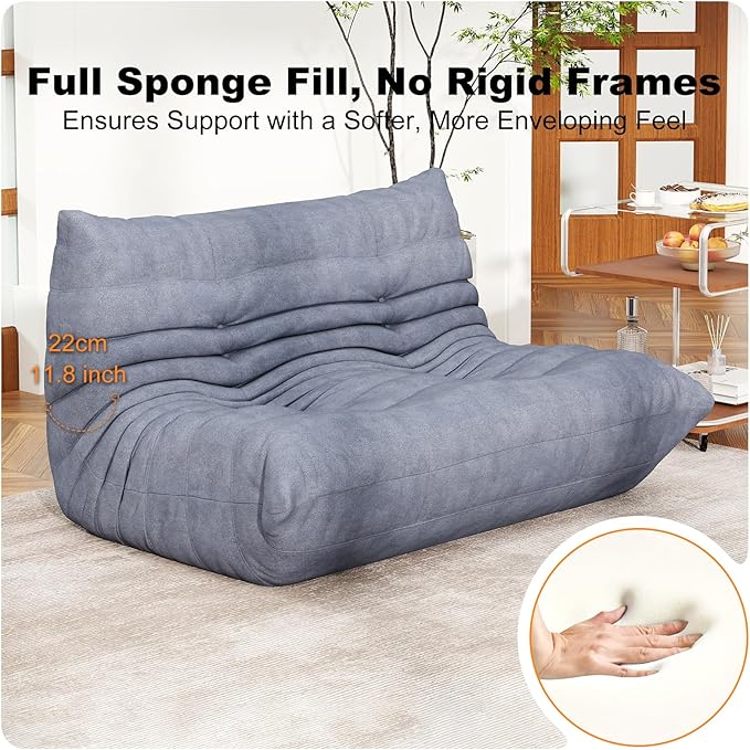 Full Foam Loveseat Sofa,Adults Bean Bag Chairs Floor Couch with Soft Waterproof Fabric,Armless Fireside Lounge Chair for Living Room,Apartment and Office (Grey)