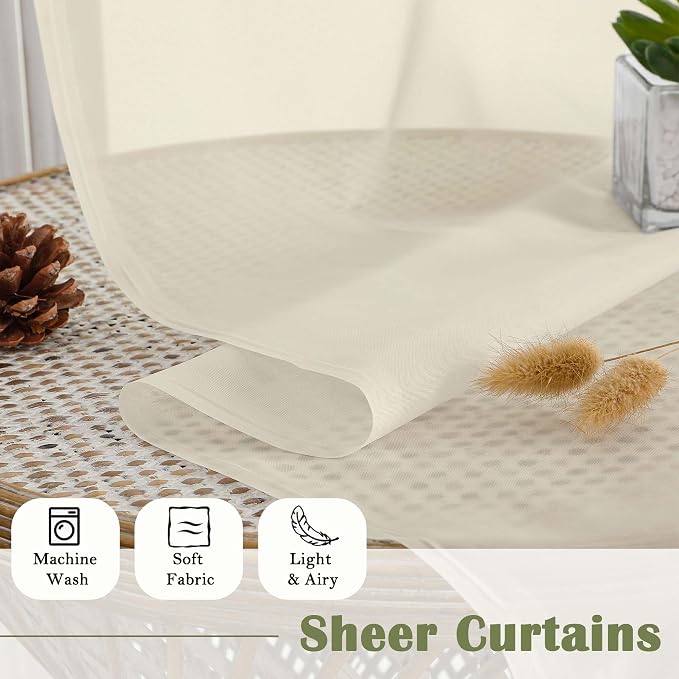 Lecloud Cream Sheer Curtains for Bedroom 90 Inches Long 2 Pcs, Rod Pockets - Image 8