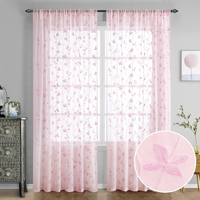 HOMEIDEAS Pink Sheer Curtains 52 X 84 Inches Length 2 Panels Embroidered Vine by HOMEIDEAS