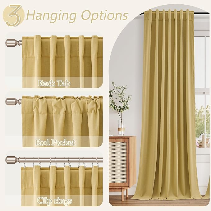 Gold 100% Blackout Linen Curtains 84 Inch Length 2 Panels Set - Image 6