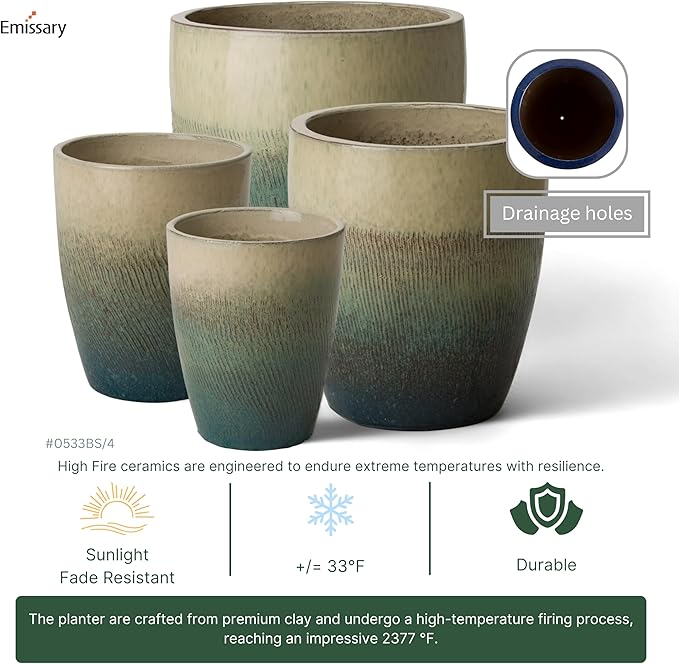 Emissary Bullet 14 in. Bayside Green Ceramic Round Planter (14 in. L x 14 in. W x 15.5 in. H) with Drainage Hole
