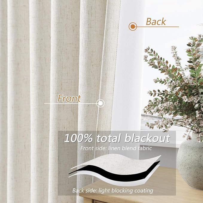 Beige White 100% Blackout Linen Curtains 90 Inch Length 2 Panels Set - Image 4