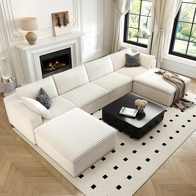 157.5" Cloud Couch Oversized Modular Sectional Sofa for Living Room,Modern Sofa with Deep Seat，U-Shape Boneless Couch with 2 Ottoman,Comfy Upholstered Couches for Apartment, Studio, Office,White