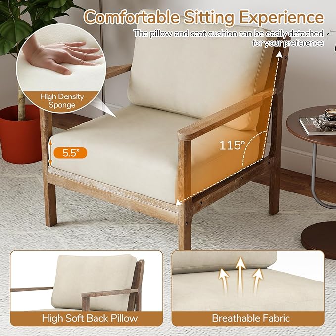 Giantex Mid Century Modern Accent Chair Set of 2, Wooden Arm Chair w/Solid Wood Frame, Removable Seat Cushion & Pillow, Vintage Comfy Reading Chair for Living Room, Bedroom, Study