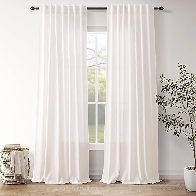 Ivory White Linen Curtains 108 Inches Long Back Tab Pocket Modern Farmhouse by Nanspring