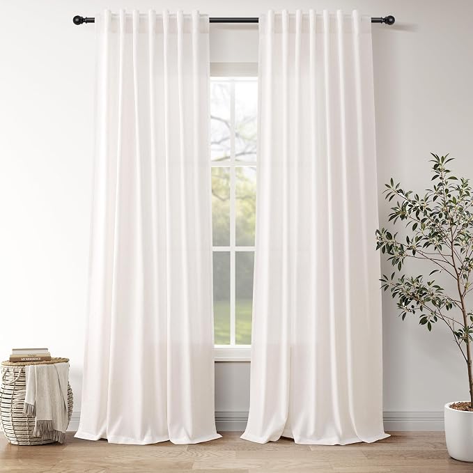 Ivory White Linen Curtains 108 Inches Long Back Tab Pocket Modern Farmhouse by Nanspring