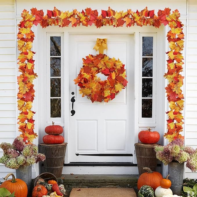 4 Pack Fall Decor Garland - Fall Thanksgiving Decorations for Home - 23.6Ft Maple Leaves Garland with Lights Battery Operated for Mantle Fireplace Table Indoor Outdoor Autumn Halloween Christmas Decor