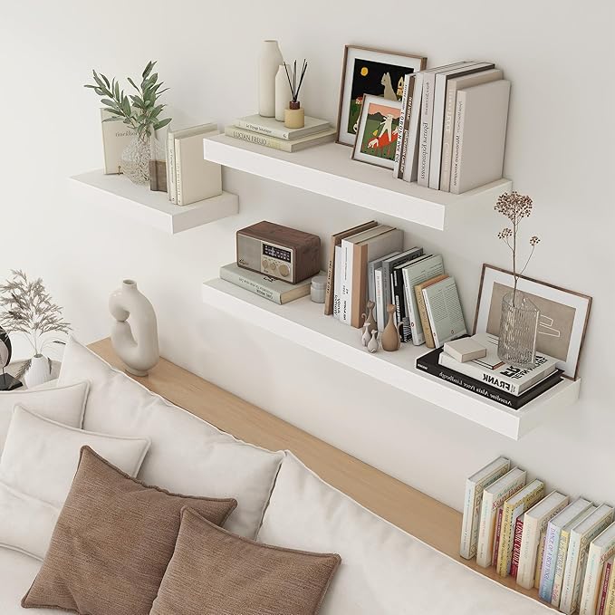 Deep Floating Shelves, 24''W x 12''D Floating Shelves White Set of 2, 12 Inch Deep Large Wood Shelves for Books Living Room Bathroom Laundry Room Bedroom Kitchen Home Office - White
