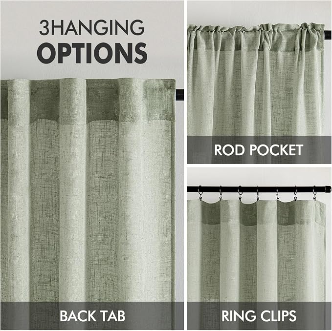 MIULEE Sage Linen Curtains 52x63 Inch Long 2 Panels of Green Window Drapes | - Image 3