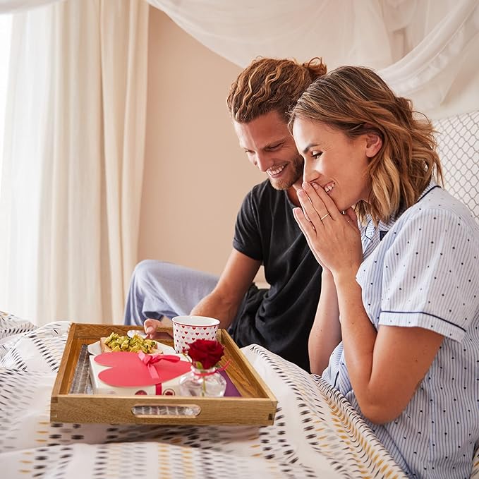 Acacia Wood Serving Tray with Handles (Set of 2)- 17-Inch Decorative Wooden Tray - Perfect for Breakfast, Lunch, Dinner, Ottoman, Coffee Table - Living Room and Couch Tray