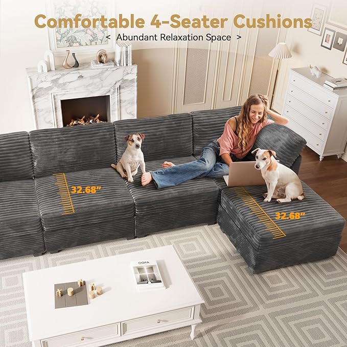 Modular Sectional Sofa with Chaise U Shaped Sectional Couch for Living Room, 5-Seater Comfy Cloud Couches, Plush Corduroy, Gray