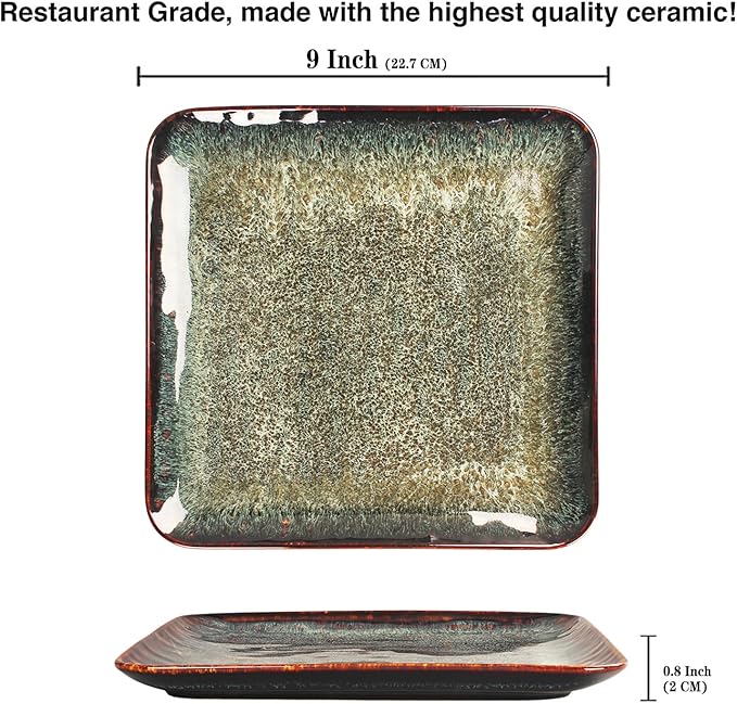 Ceramic Dinner Plates Dish Set, Set of 4, Microwave Oven and Dishwasher Safe, Scratch Resistant, Dinnerware Kitchen Porcelain Serving Dishes 9 inch Square plate