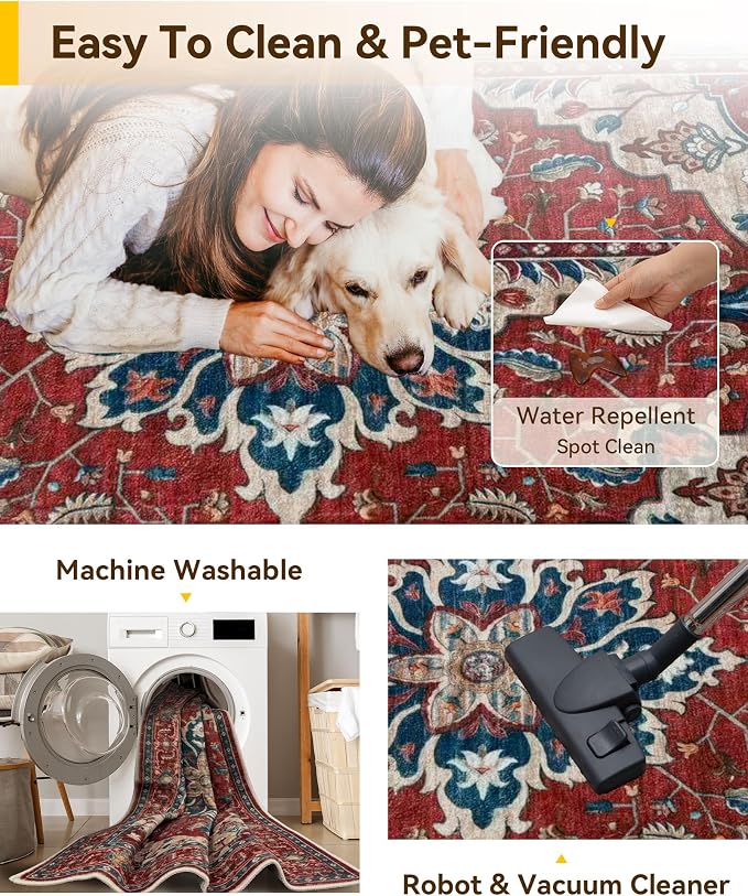 RELEANY Area Rugs Round 8ft Washable Non-Slip, Floral Vintage Distress Print - Image 4