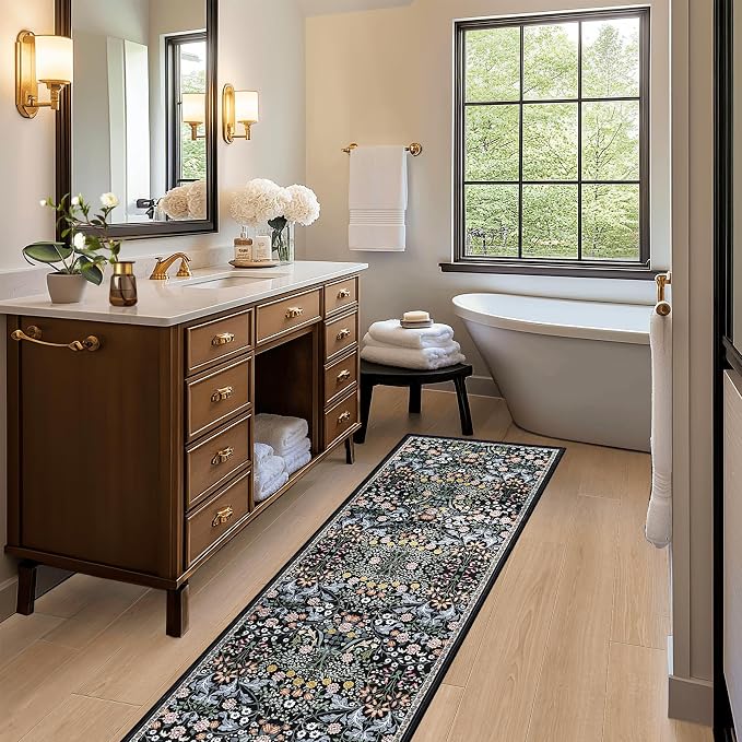 PLHXFR 2x5 Washable Runner Rug：Floral Indoor Kitchen Carpet Dark Black | - Image 6