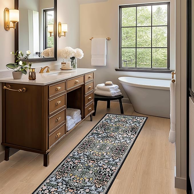 PLHXFR 2x6 Washable Runner Rug：Floral Indoor Kitchen Carpet Dark Black | - Image 5