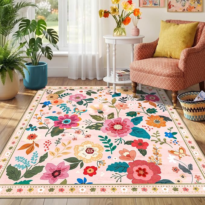 RELEANY Floral Washable Square 5ft Area Rug Pink | Flower Carpet Print Boho - Image 7