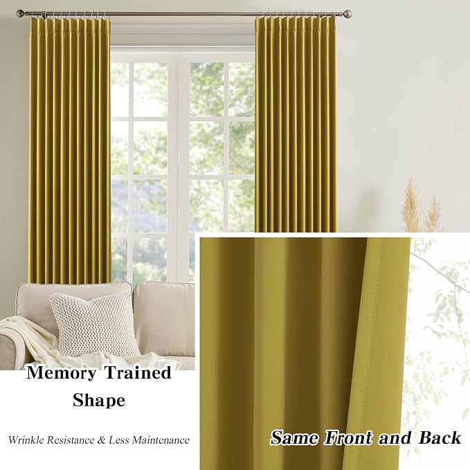 Yellow Pinch Pleated Curtains 102 Inch Length 2 Panels Set Noise Cancelling - Image 6