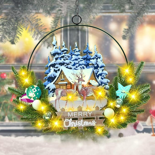 Light up Christmas Wreaths for Front Door, Welcome Metal Wooden Door Wreath Decor Hanging Sign, 30 LED Lighted Wall Decor Battery Operated for Halloween Indoor Outdoor (Deer)