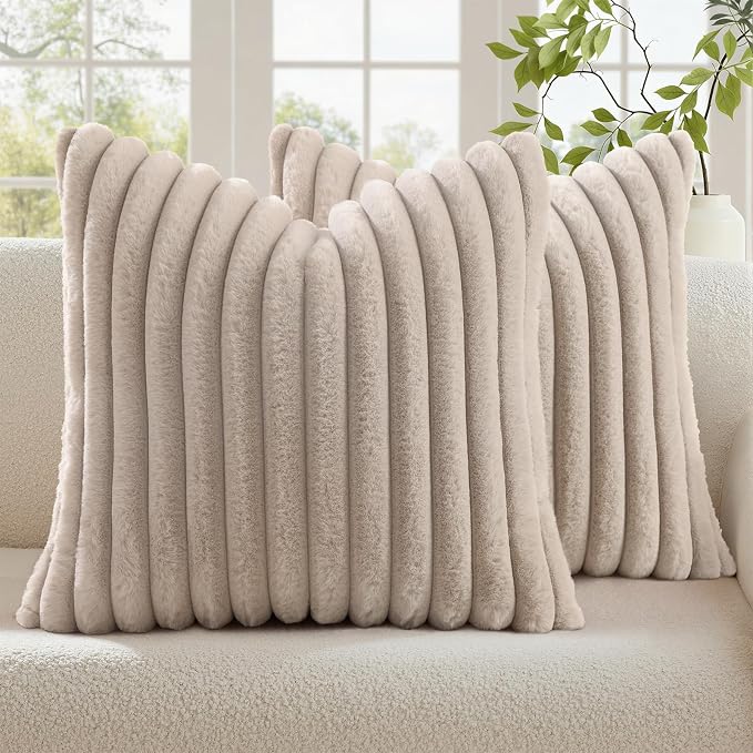 decorUhome Fall Faux Fur Throw Pillow Covers 24x24 Set of 2 Tan | Decorative by decorUhome