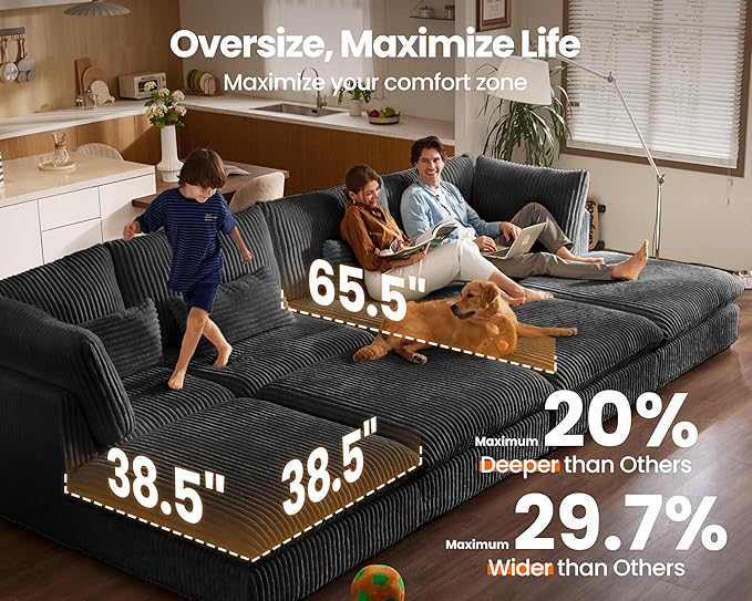 Oversized Modular Sofa, Extra Deep Cloud Corduroy Sectional Couch with Ottoman Chaise, Fluffy Corduroy 5 Seater Sofa Bed for Living Room, Villa (L Shape 5 Seater, Corduroy Black)