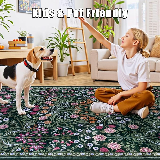 PLHXFR 2x6 Washable Runner Rug：Floral Indoor Kitchen Carpet Dark Green | - Image 9