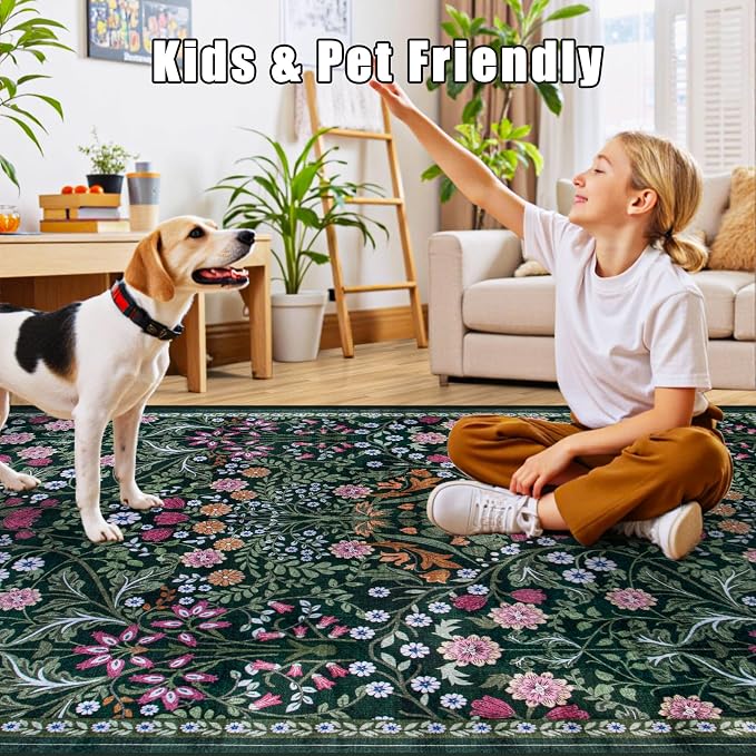 PLHXFR Area Rug 10x12 Living Room: Floral Washable Boho Carpet Dark Green | - Image 7