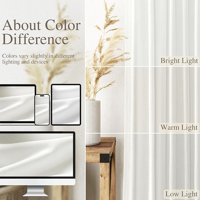 Ivory Linen Curtains for Living Room 2 Panels Set Extra Long Back Tab Light - Image 4