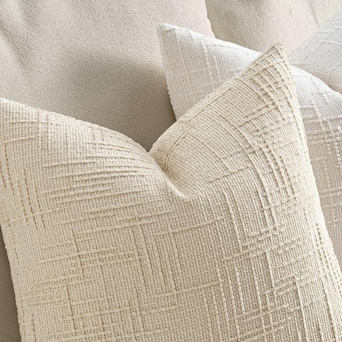 MIULEE Chenille Textured Euro Throw Pillow Covers Beige 24x24 Set of 2 | Slubby - Image 3