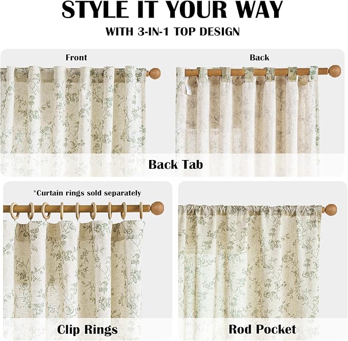 Lazzzy Green Floral Curtains 84 Inch Length Linen Farmhouse Curtain Back Tab - Image 5