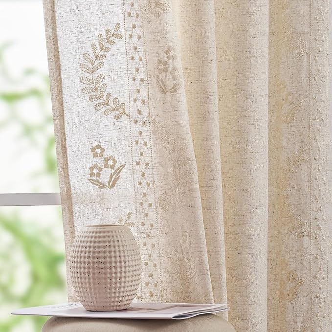 jinchan Belrose Linen Curtains for Bedroom Floral Curtains 63 Inch Length Linen by JINCHAN