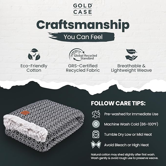 Gold Case Throw Blanket for Bed – 100% Recycled Turkish Cotton Bed Blanket – Decorative Throw Cotton Blankets for Living Room & Bedroom – Woven Twin Blankets - 71x90 - Black