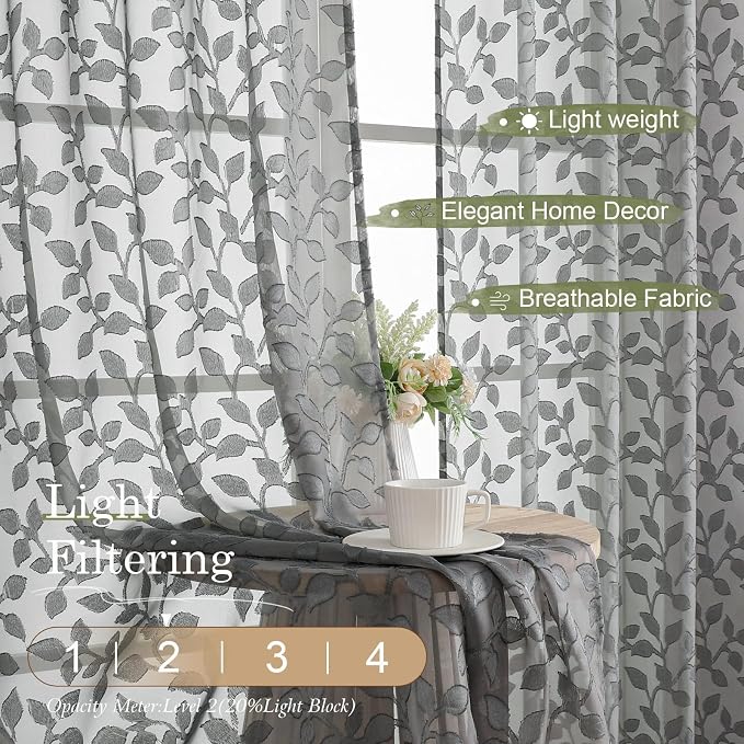 Chyhomenyc Charcoal Grey Sheer Curtains 30 Inch Length, Light Filtering Leaf - Image 2