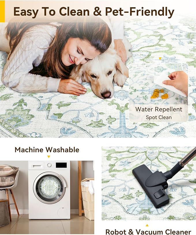 RELEANY Washable Area Rug, Round 4ft, Water Repellent, Pet Friendly, Vintage - Image 4