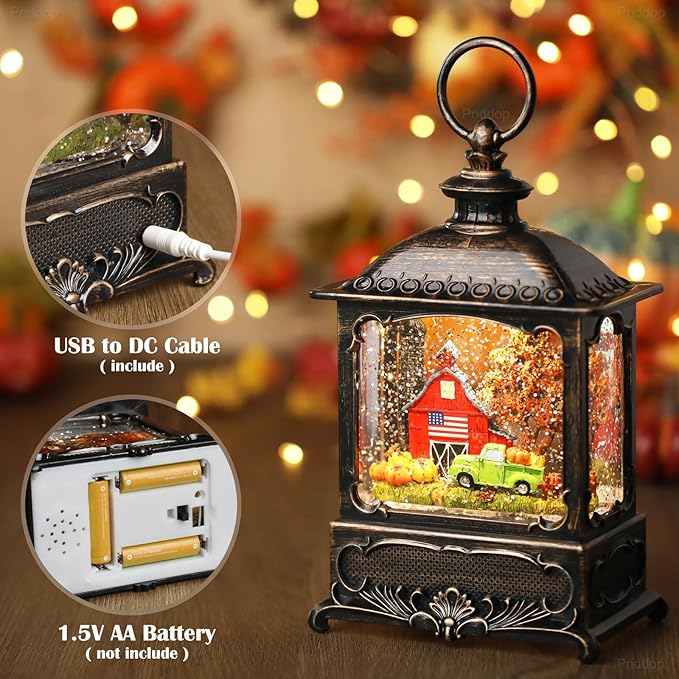 Fall Snow Globe Lantern Fall Decorations for Home Thanksgiving Gifts Autumn Harvest Fall Decor Swirling Glitter Snow Globes Barn Truck Pumpkin Farm