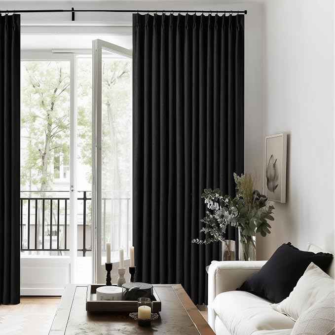 Black Pinch Pleated 100% Blackout Linen Bedroom Curtains 96 Inch Length | - Image 8