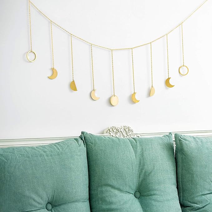 Mkono Moon Phase Wall Hanging Boho Aesthetic Room Decor Metal Moons Garland Hanging Art Bohemian Home Decoration for Girls Room Nursery Bedroom Livingroom Dorm, Ideal, Gold, 50"