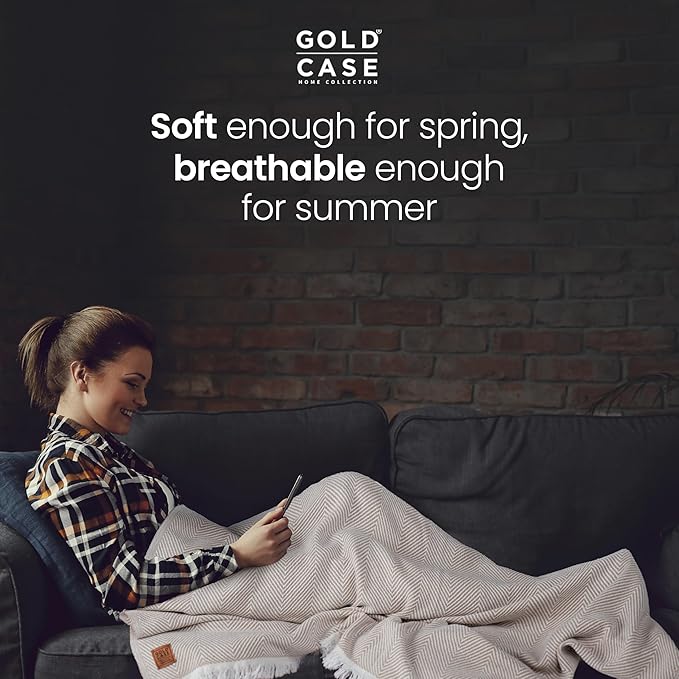 Gold Case Throw Blanket for Bed – 100% Recycled Turkish Cotton Bed Blanket – Decorative Throw Cotton Blankets for Living Room & Bedroom – Woven Twin Blankets - 71x90 - Elegant Beige