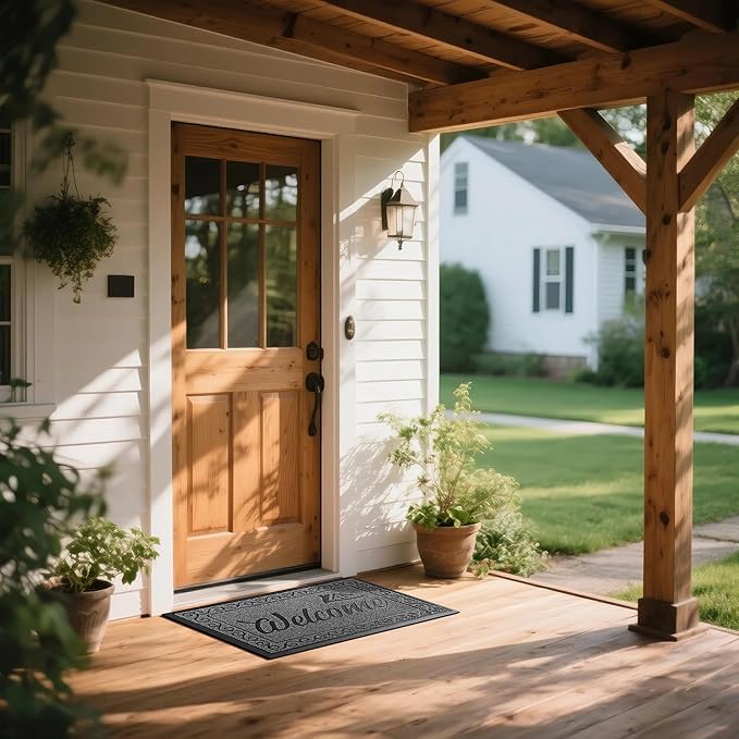 Yimobra Welcome Mat Outdoor Indoor, Waterproof Heavy Duty Front Door Mat Outside Entrance, Extra Sturdy Non-Slip Doormat, Low Profile, Dirt Trapping, 36x24 Inches, Black Gray