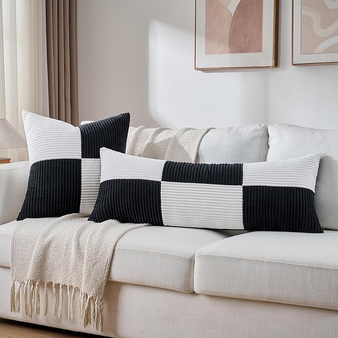 Fancy Homi Set of 2 Black White Long Lumbar Decorative Throw Pillow Covers - Image 5