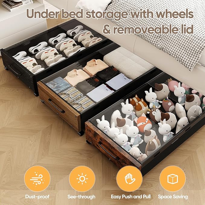 Wooden Under Bed Storage with Wheels, Rolling Under the Bed Storage Bins with Removable Lid, Metal Under Bed Drawers for Clothes and Shoes in Bedroom or Living Room(Vintage Brown-2pack)